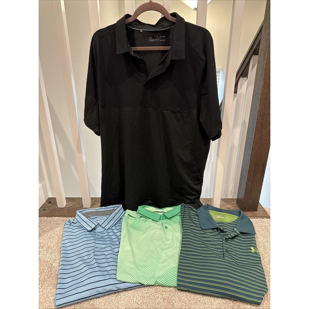 4 - Men's Under‎ Armour Polo Shirts Lot - Heatgear 2XL Playoff Loose Striped